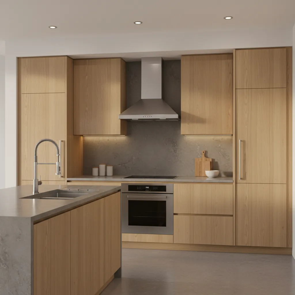 Kitchen cabinets near stove showing typical grease buildup area