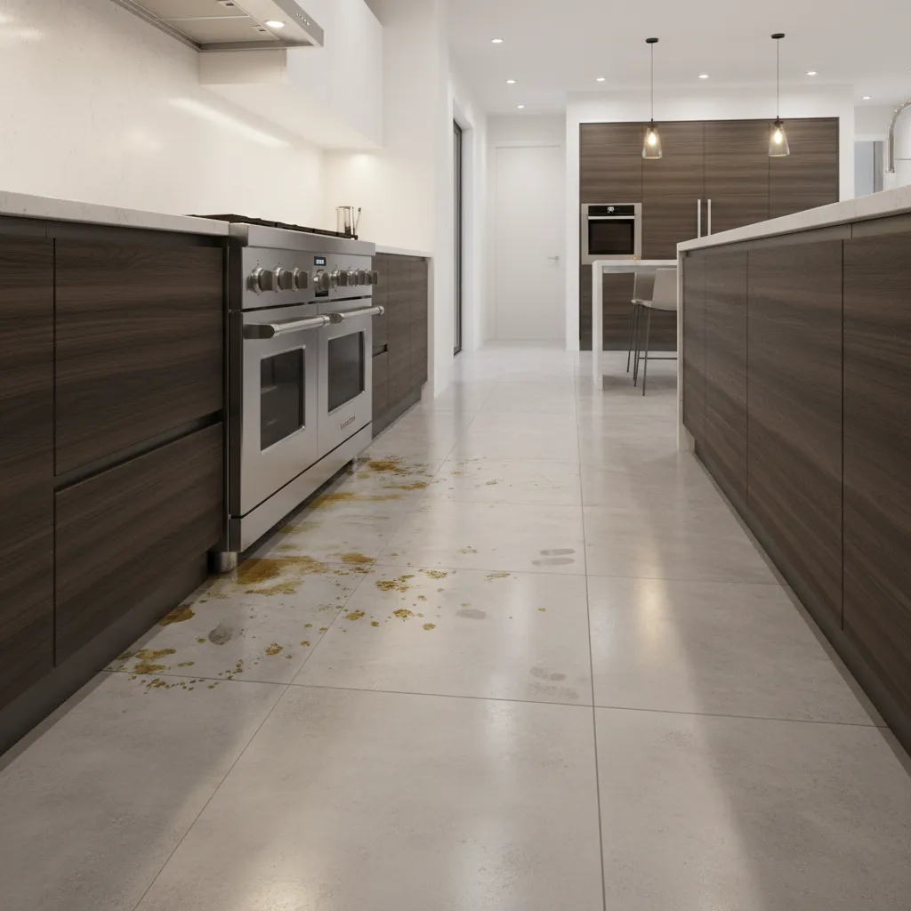 Grease buildup on kitchen floor tiles near stove area