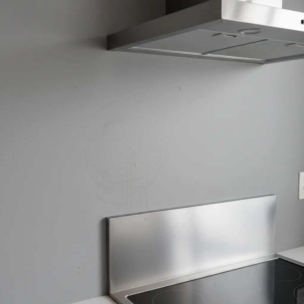 visible grease buildup on kitchen wall near stovetop cooking area