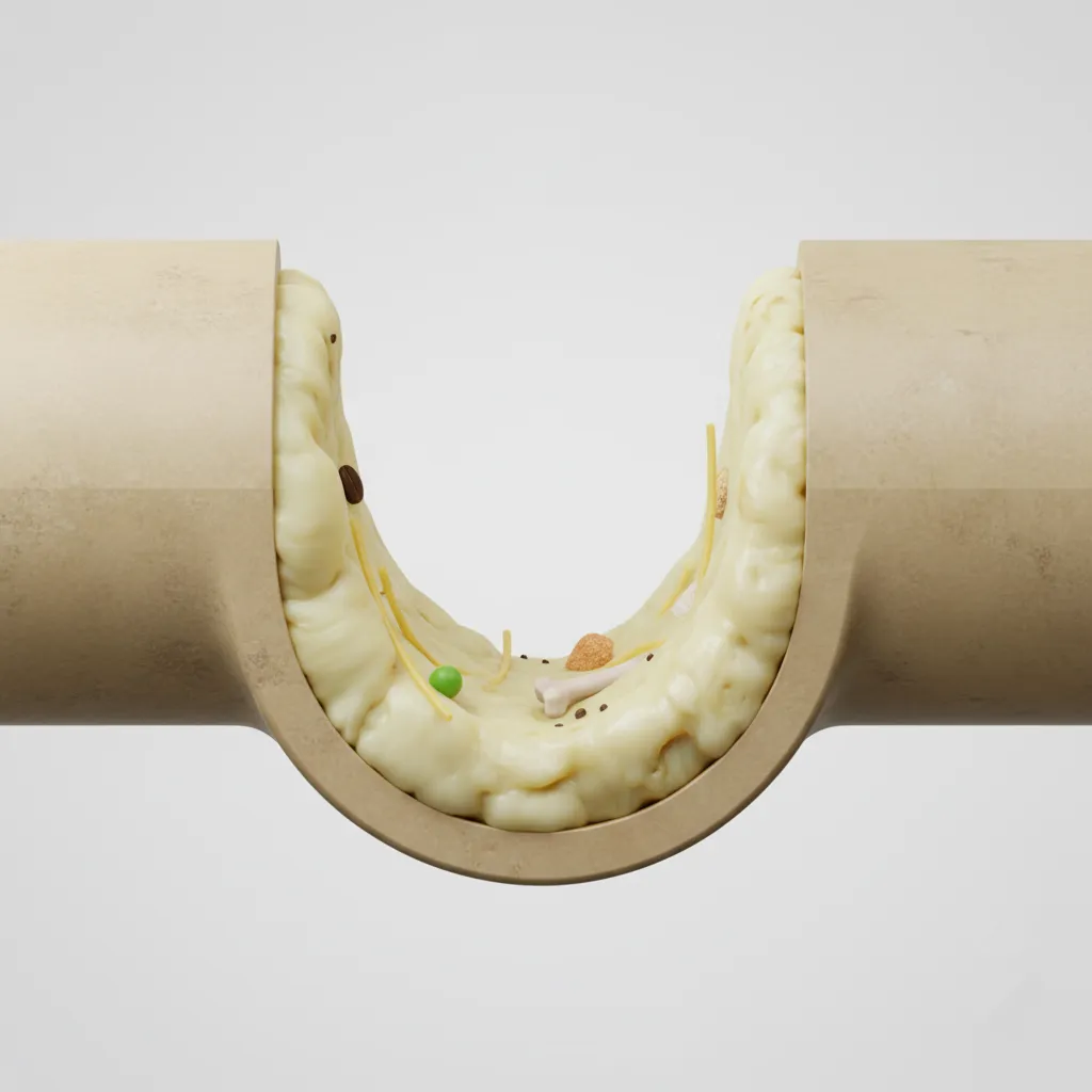 Illustration showing grease buildup narrowing a kitchen drain pipe