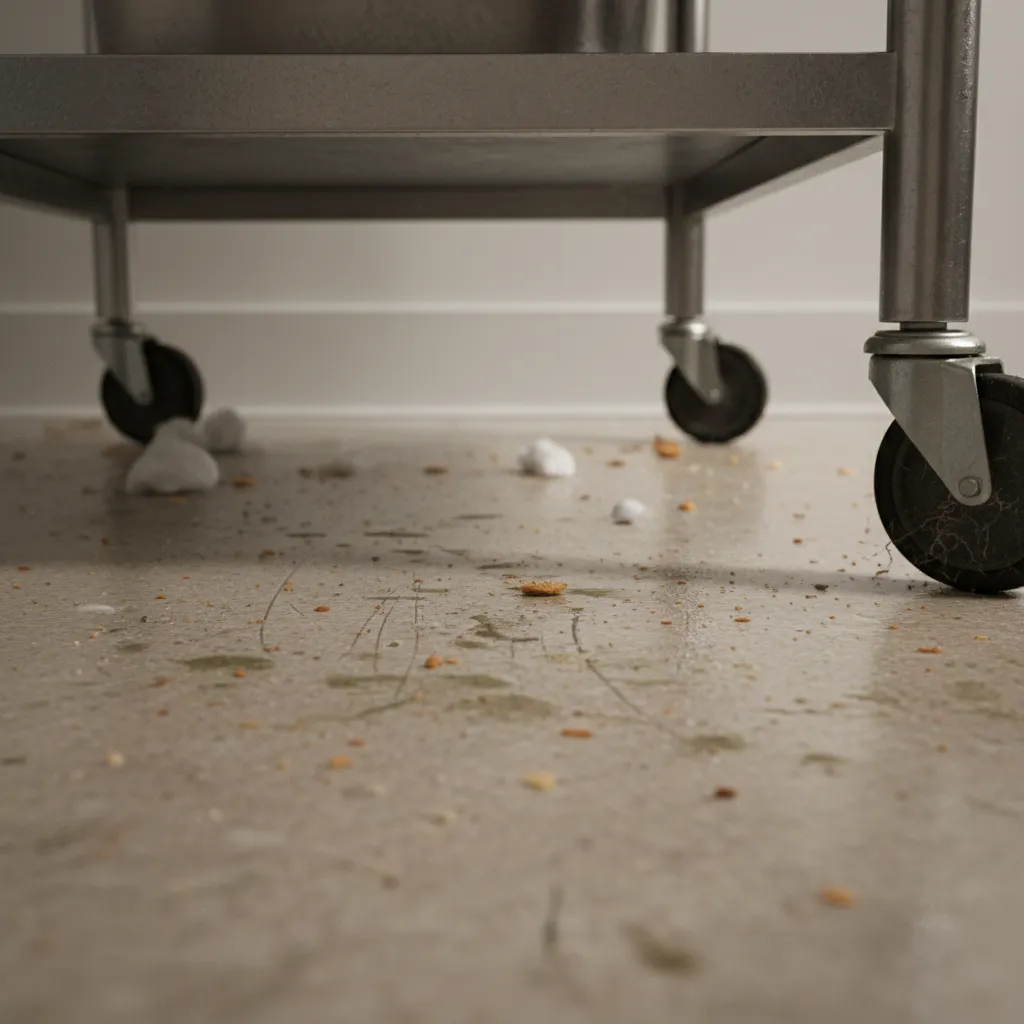 Kitchen floor under trolley showing dust and grease buildup