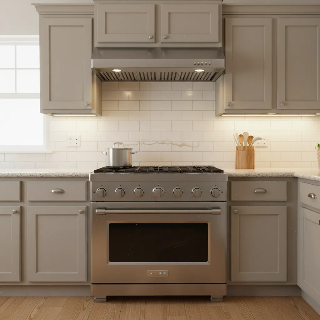 Kitchen backsplash tiles with visible grease buildup near stove