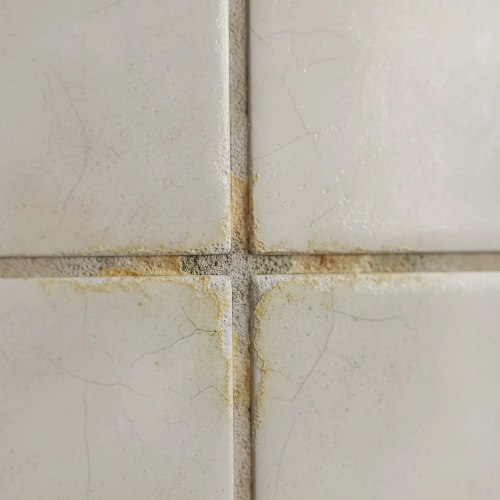 Close-up of grease trapped in kitchen tile grout lines