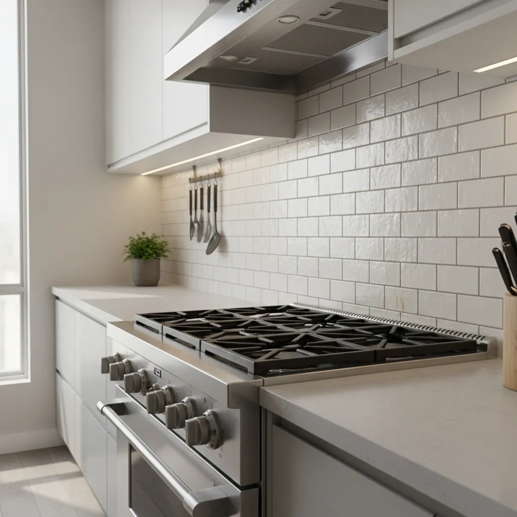Kitchen backsplash tiles with visible grease buildup near stove