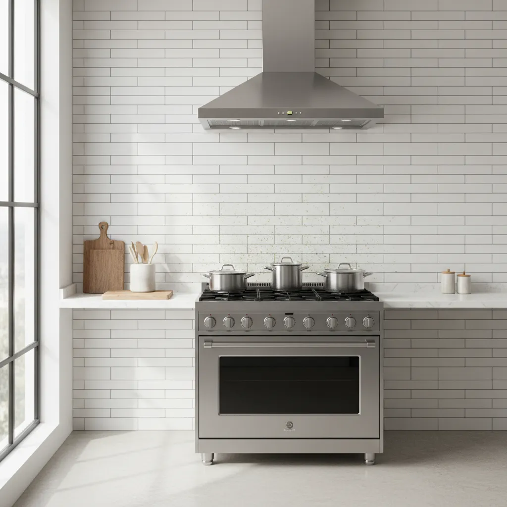 Grease buildup on kitchen wall tiles behind stove