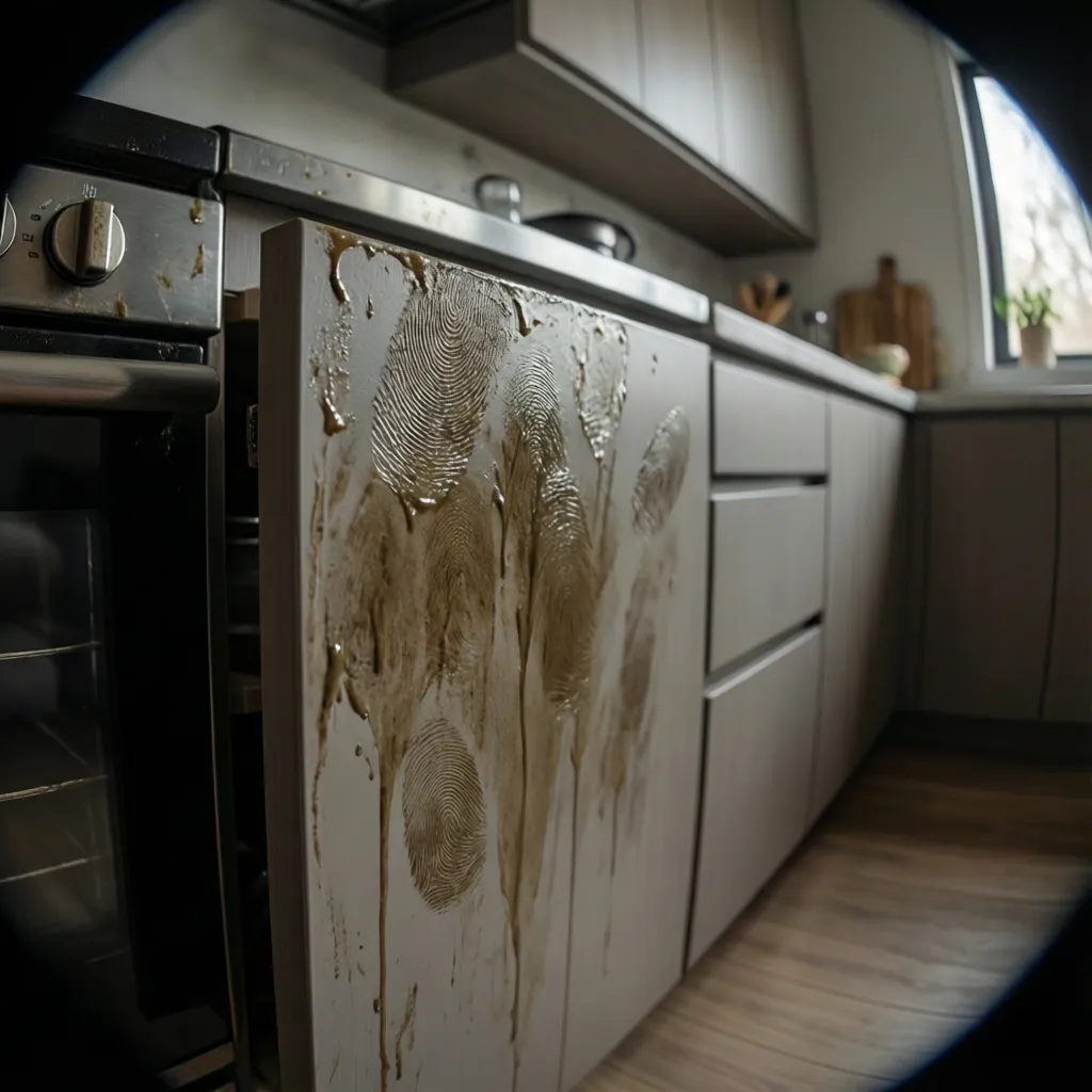 Dirty cabinet door covered in thick brown grease stains and oily fingerprints in a kitchen