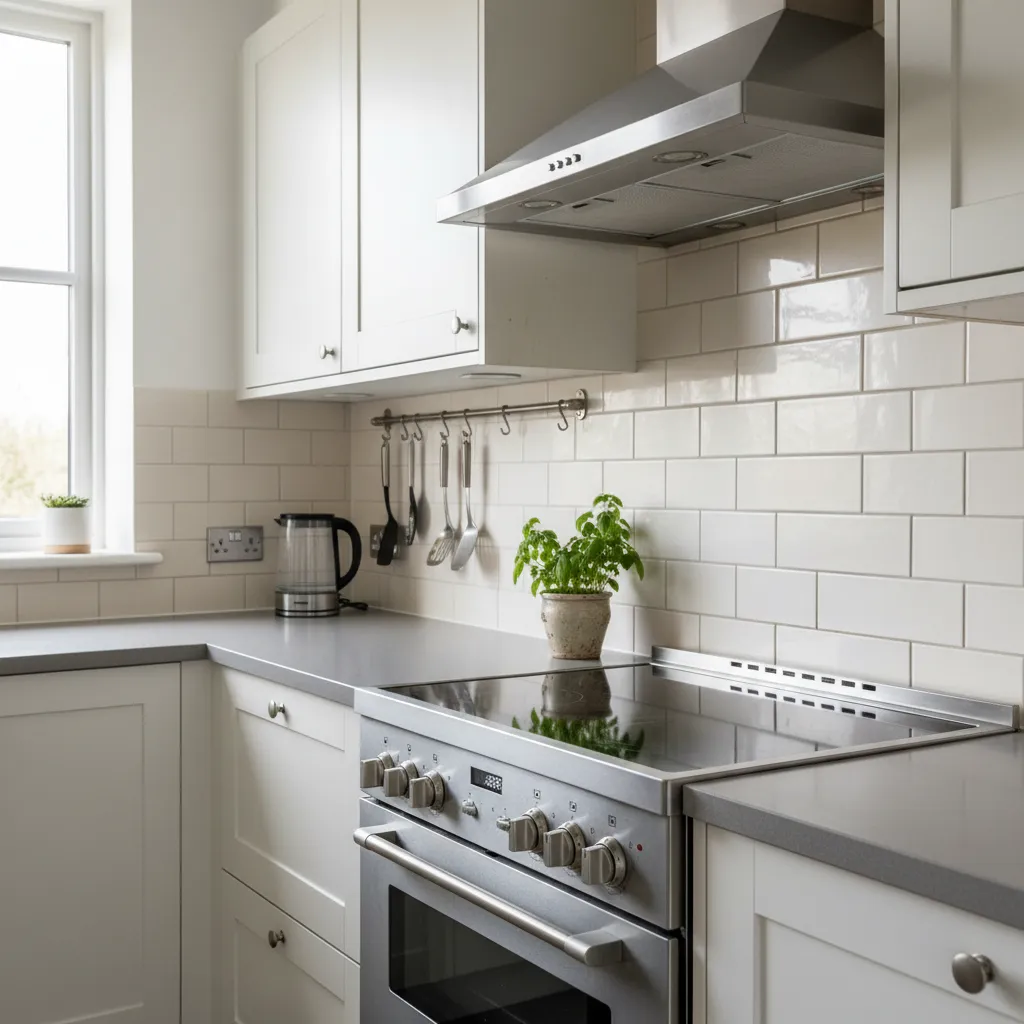 kitchen cabinets with visible grease buildup near stove area
