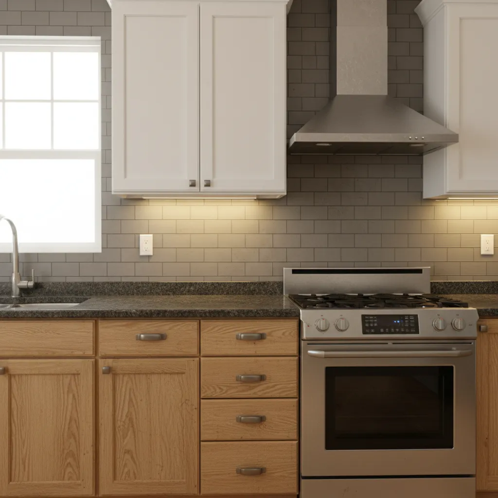 kitchen cabinets with visible grease buildup near cooking area