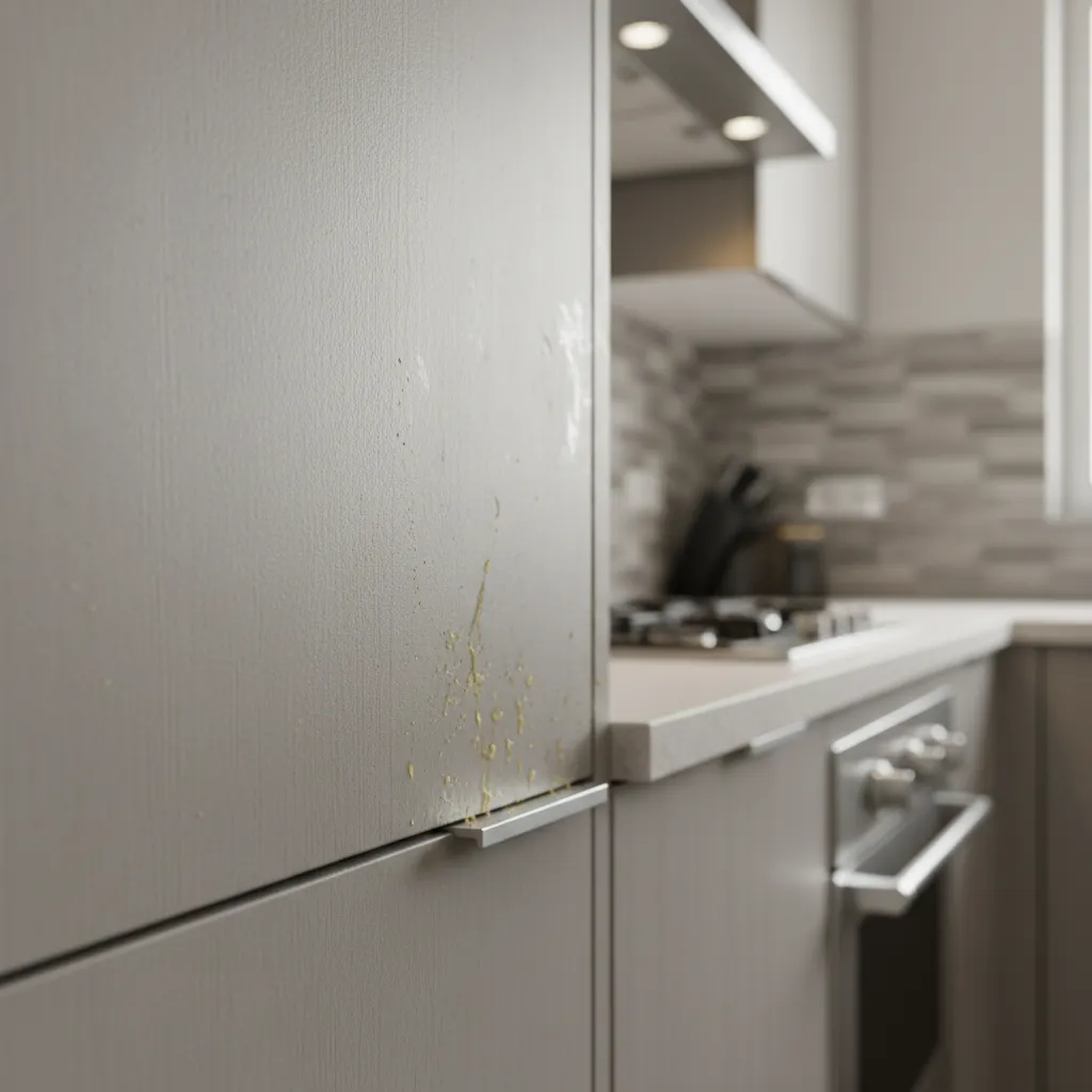 Close up of grey kitchen cabinet with yellow grease stains and blurred stove in background
