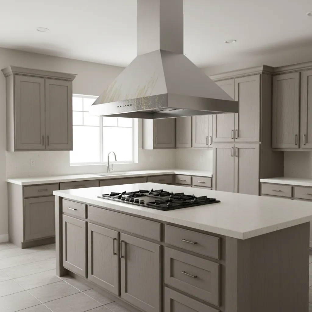Kitchen chimney with visible grease buildup above stovetop