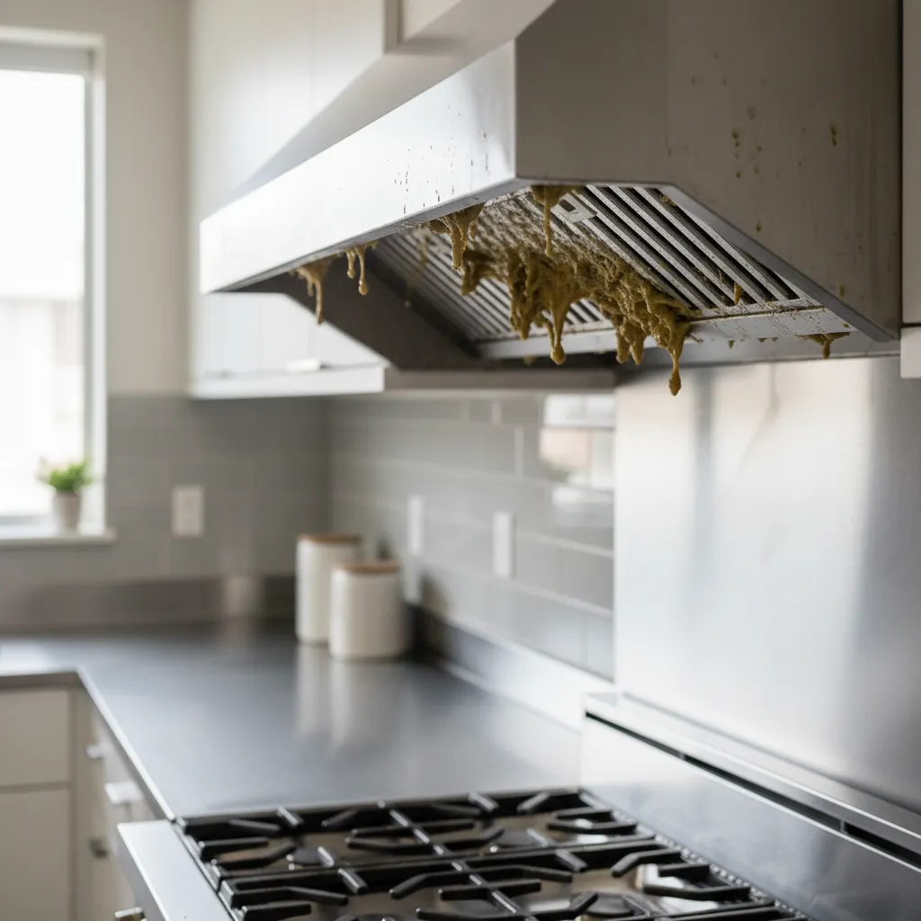 Grease buildup on a kitchen exhaust fan above a stovetop