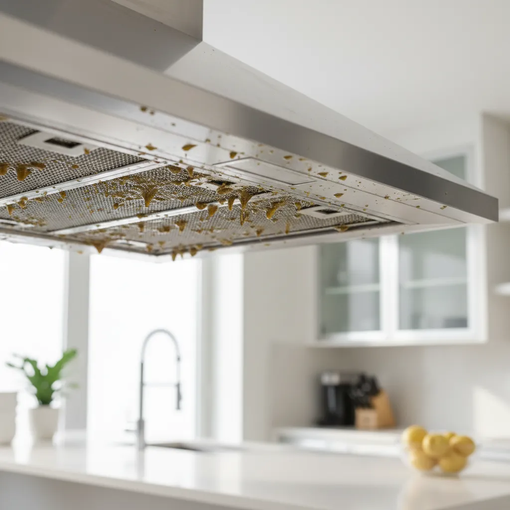 Kitchen exhaust fan filter covered with visible grease buildup