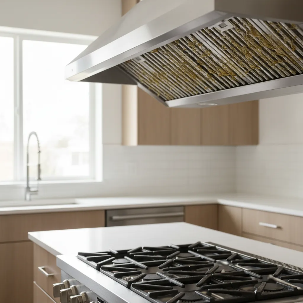 Kitchen exhaust fan filter covered with visible cooking grease buildup