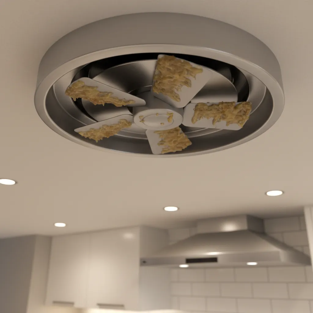 Close-up of greasy kitchen exhaust fan blades above stove