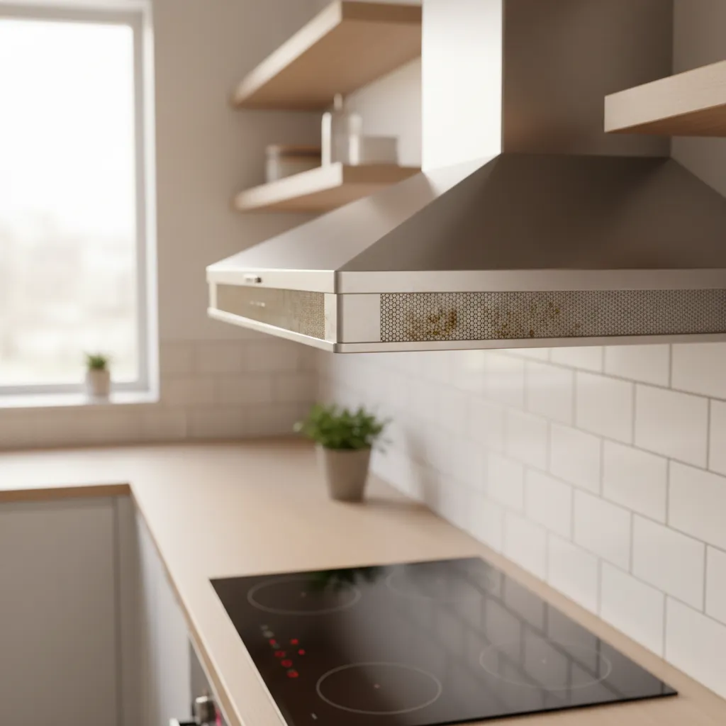 Close view of greasy kitchen exhaust fan filter above stove