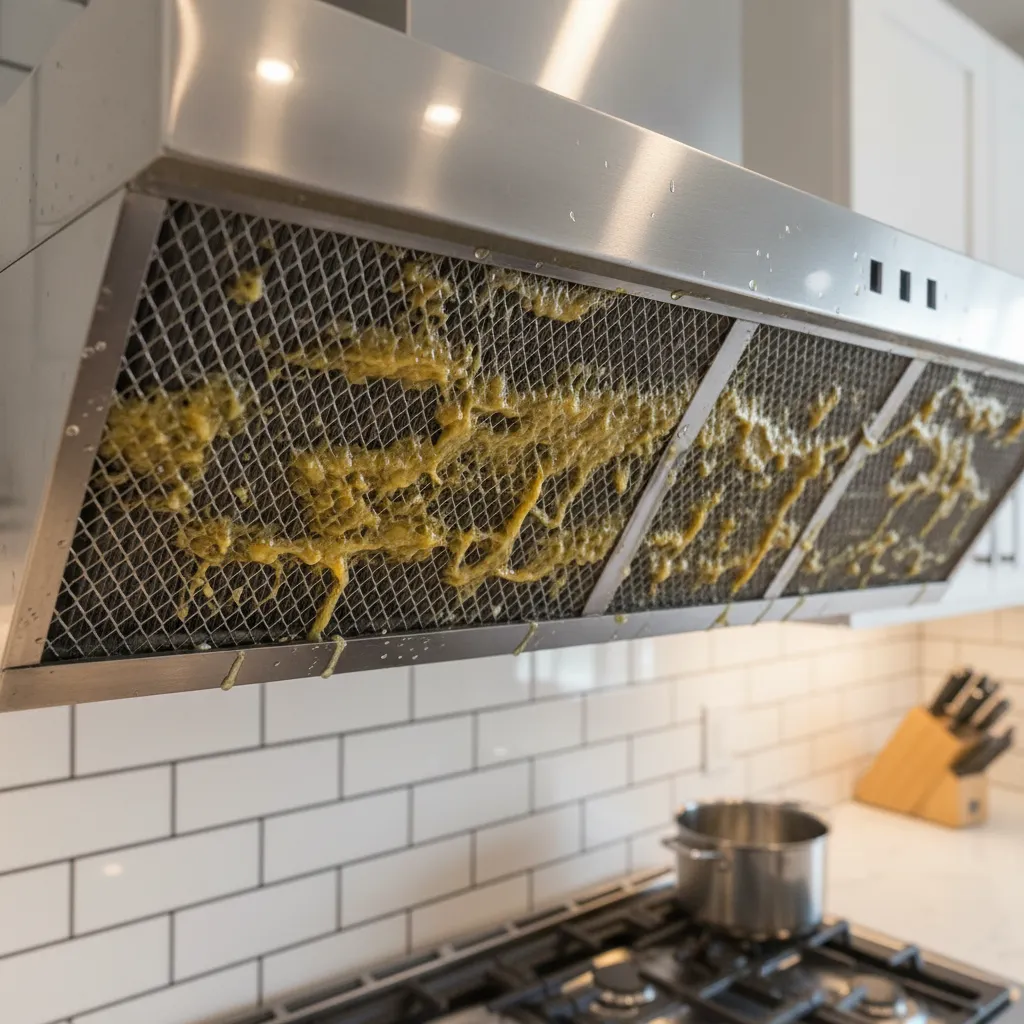 Kitchen exhaust fan filter covered with visible grease buildup