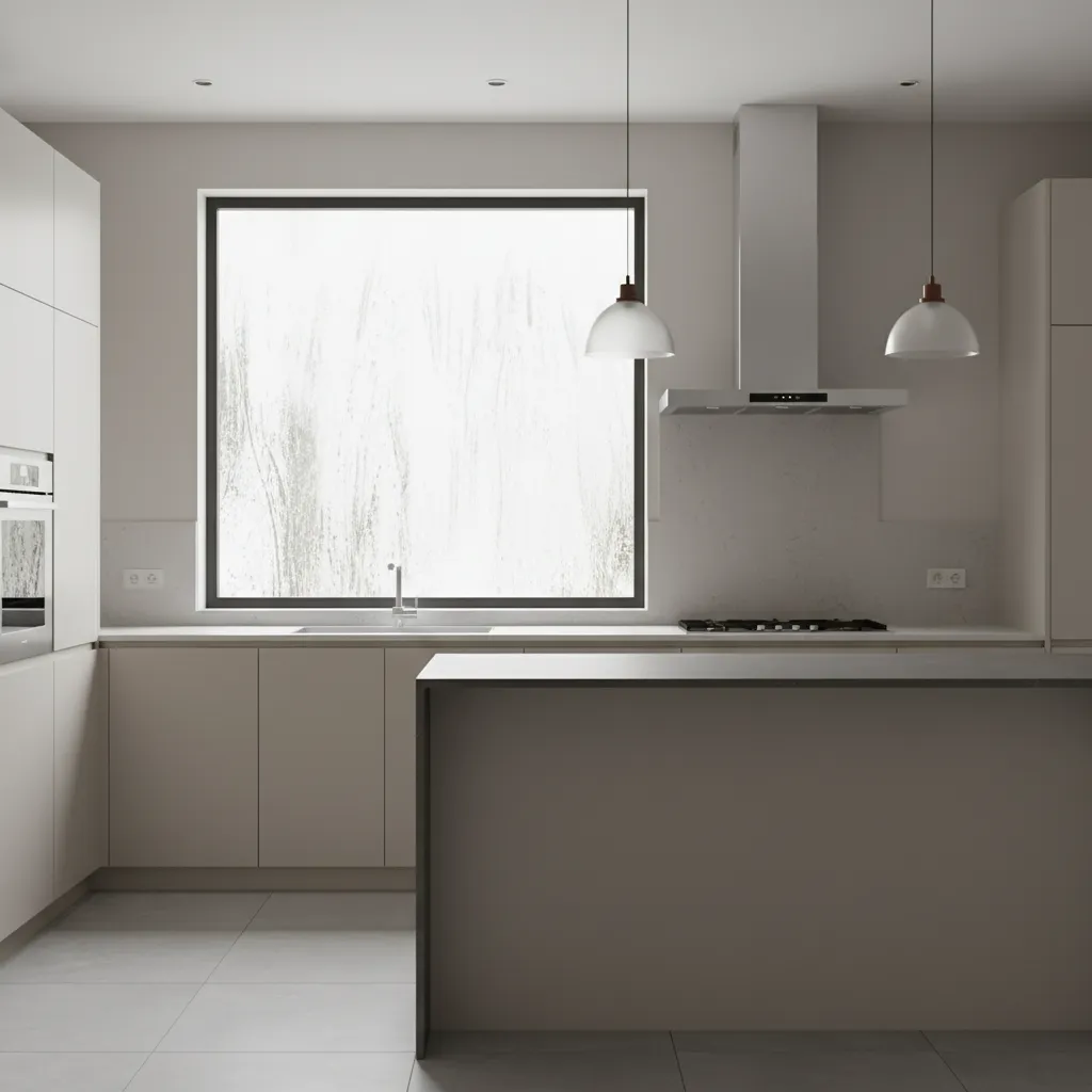 Modern kitchen with beige cabinets and a large window showing greasy buildup on the glass surface