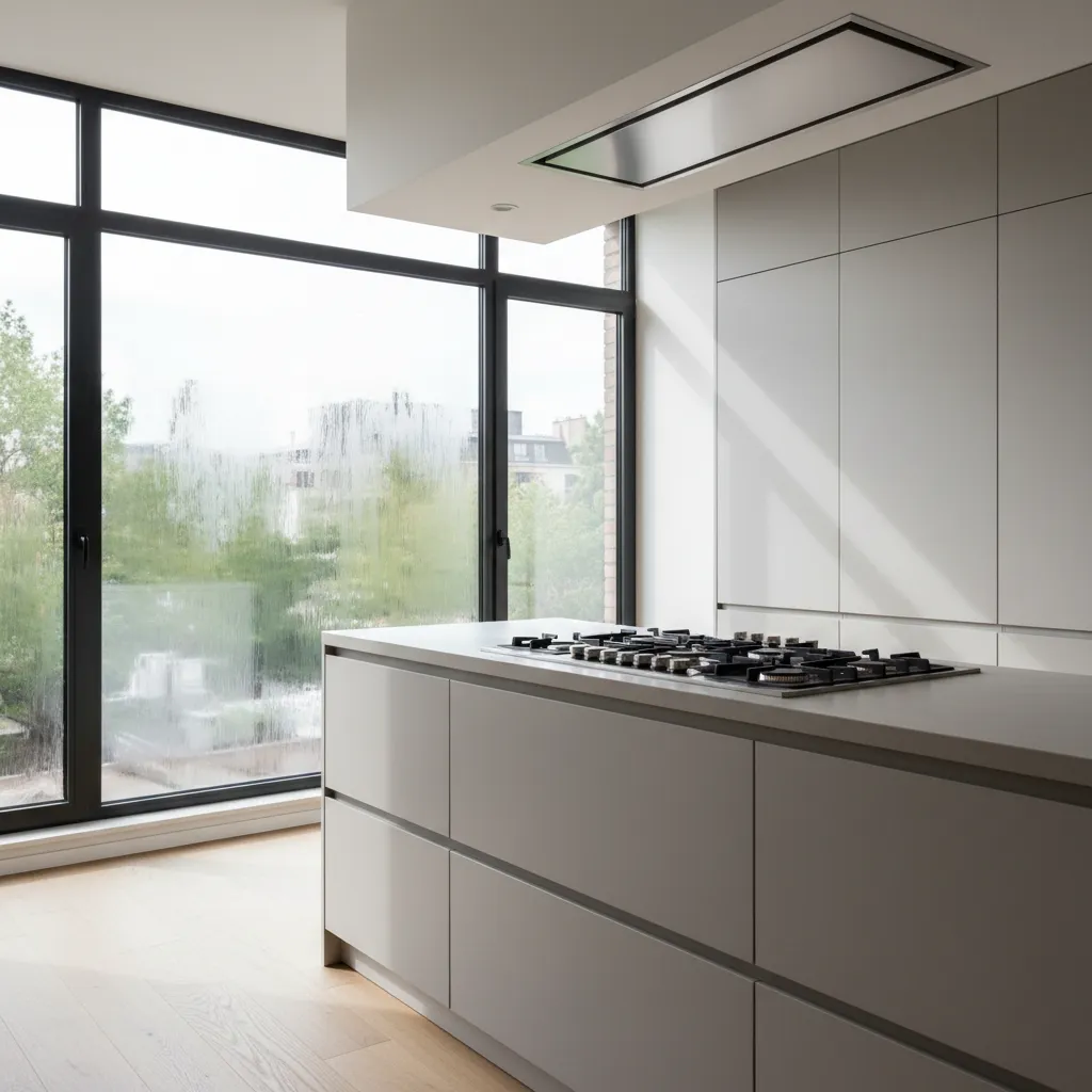 Kitchen window with visible grease haze near stovetop area