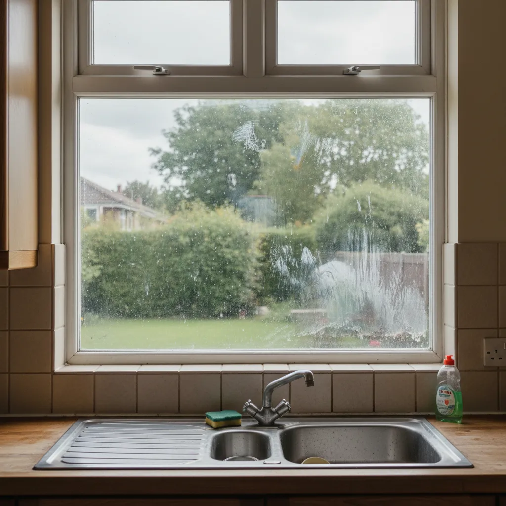 kitchen window with visible grease haze from cooking