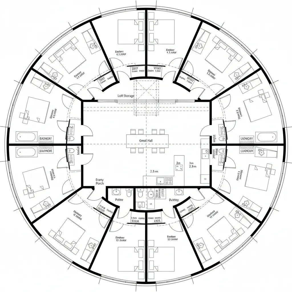 Circular floor plan with a central hall surrounded by bedrooms bathrooms and various small storage areas