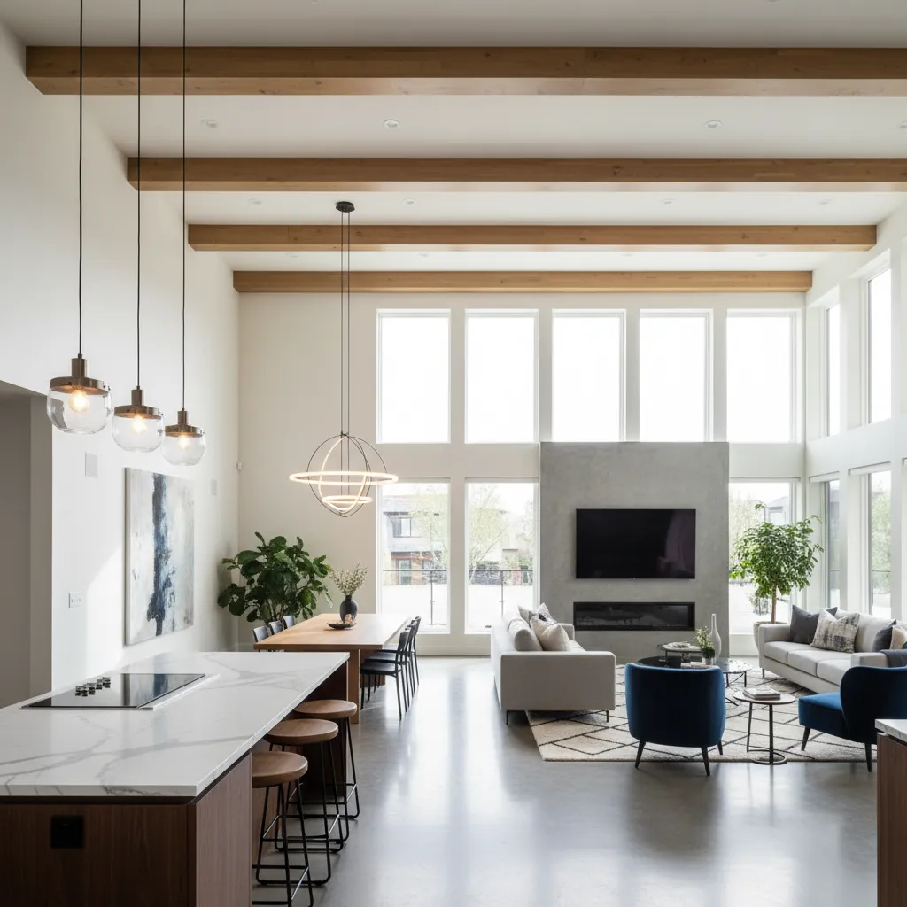 Large open concept great room combining kitchen dining and living area