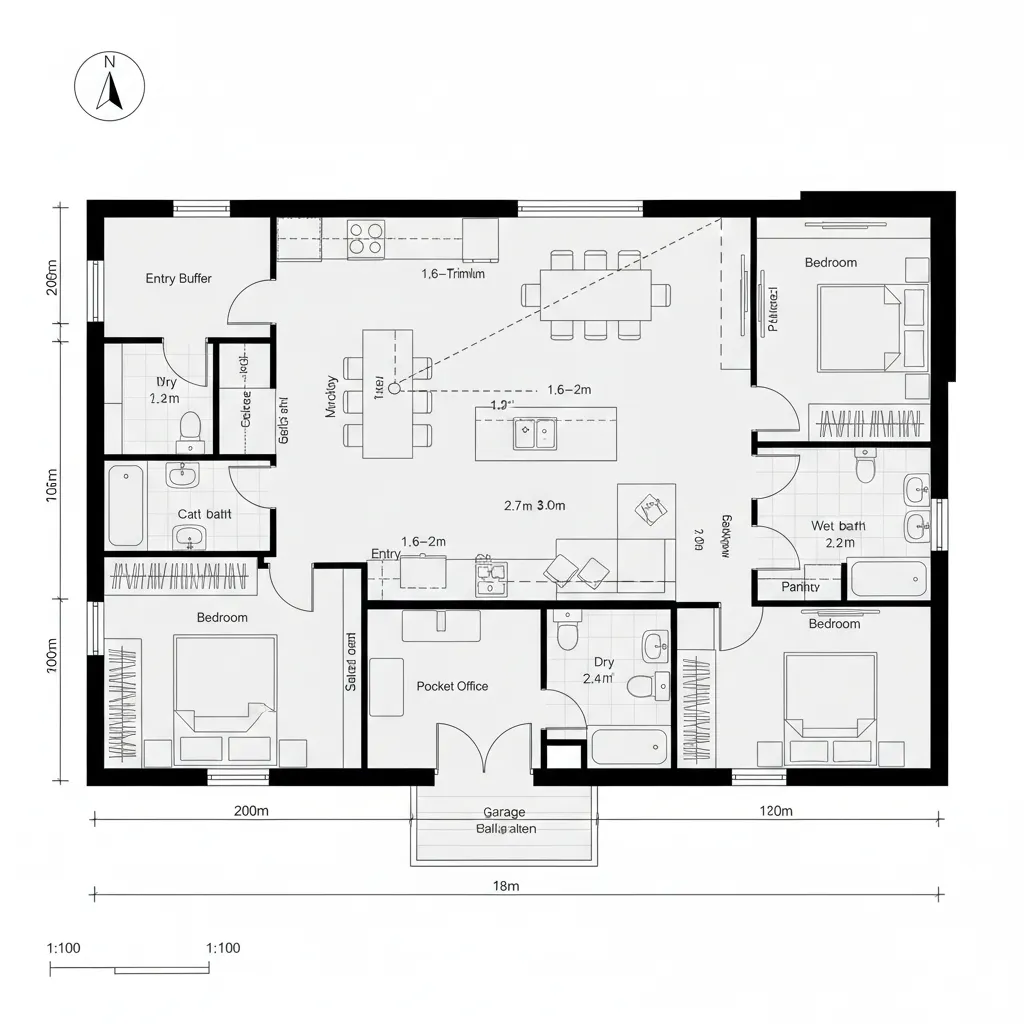 Top-down CAD floor plan of a great-room spine ranch with branching bedroom wings