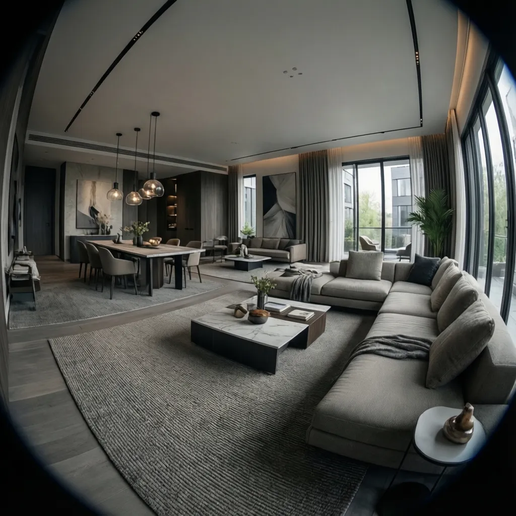 Open living area zoning with rugs and furniture defining spaces