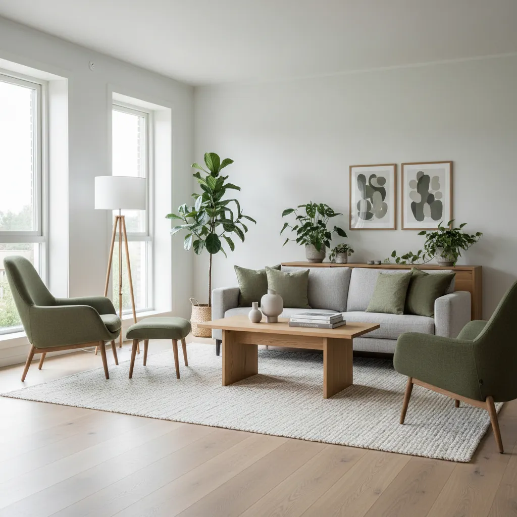 Living room with soft white walls and olive green accents