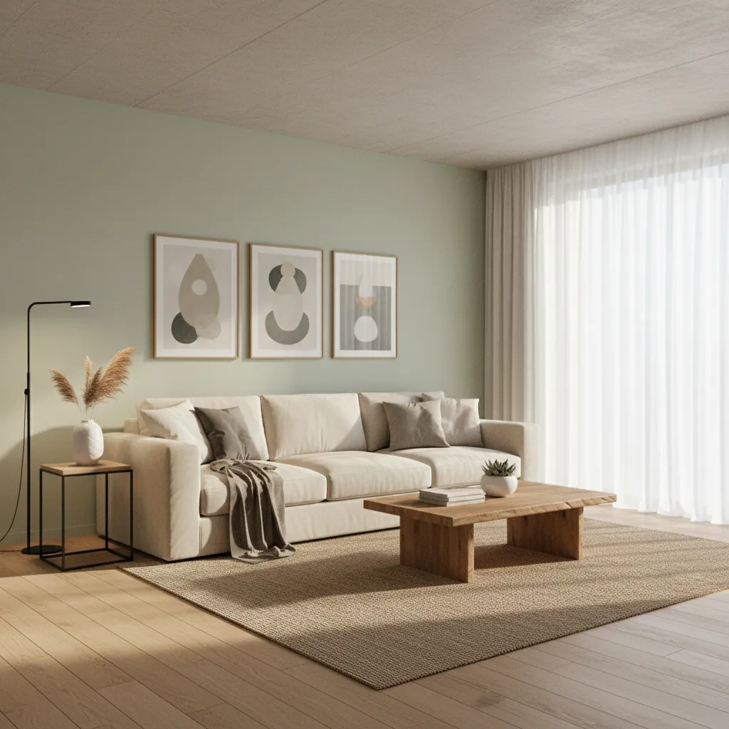 modern living room with light green accent wall behind sofa and minimalist decor