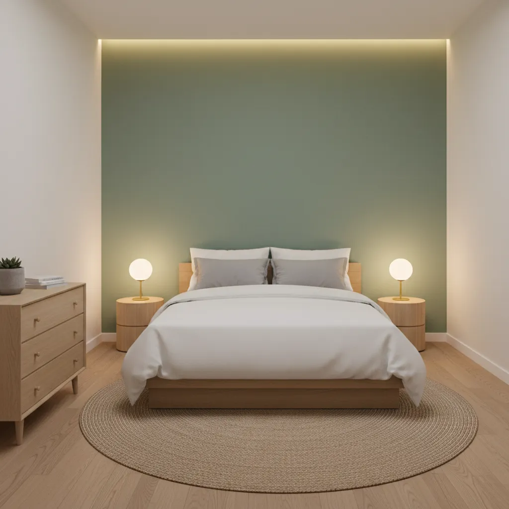 Small bedroom featuring a sage green accent wall behind the bed