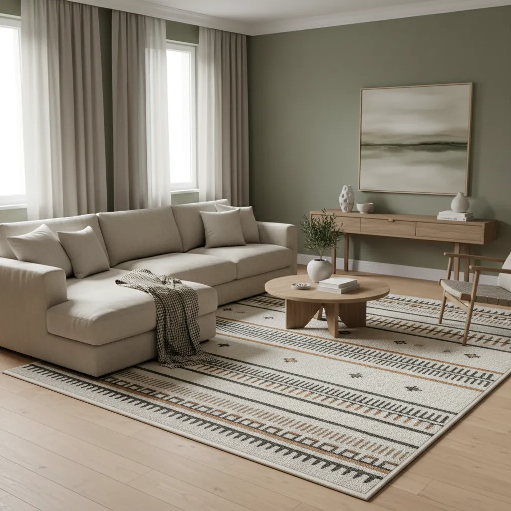 Green wall living room with beige furniture and natural textures