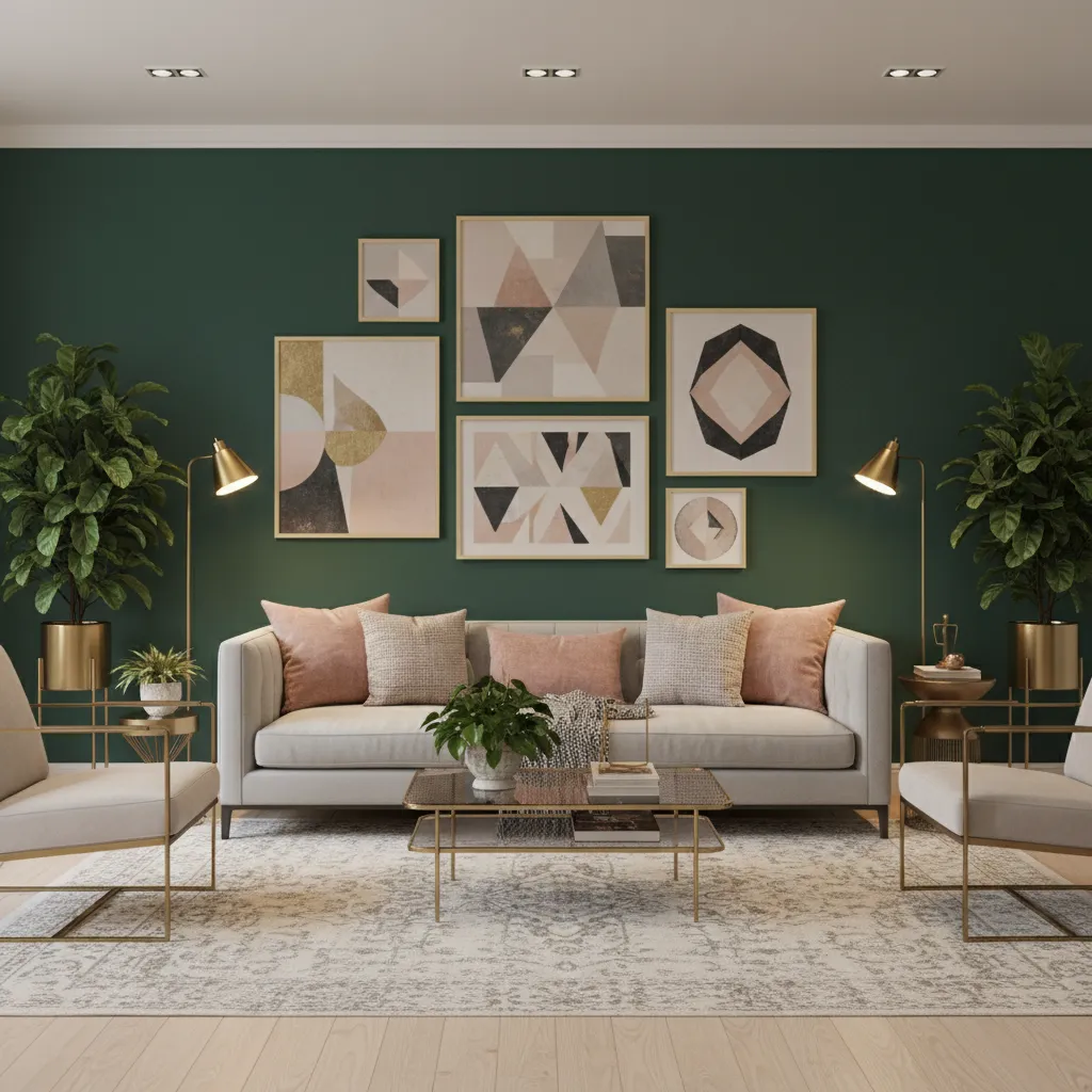 Forest green living room with blush pink accents