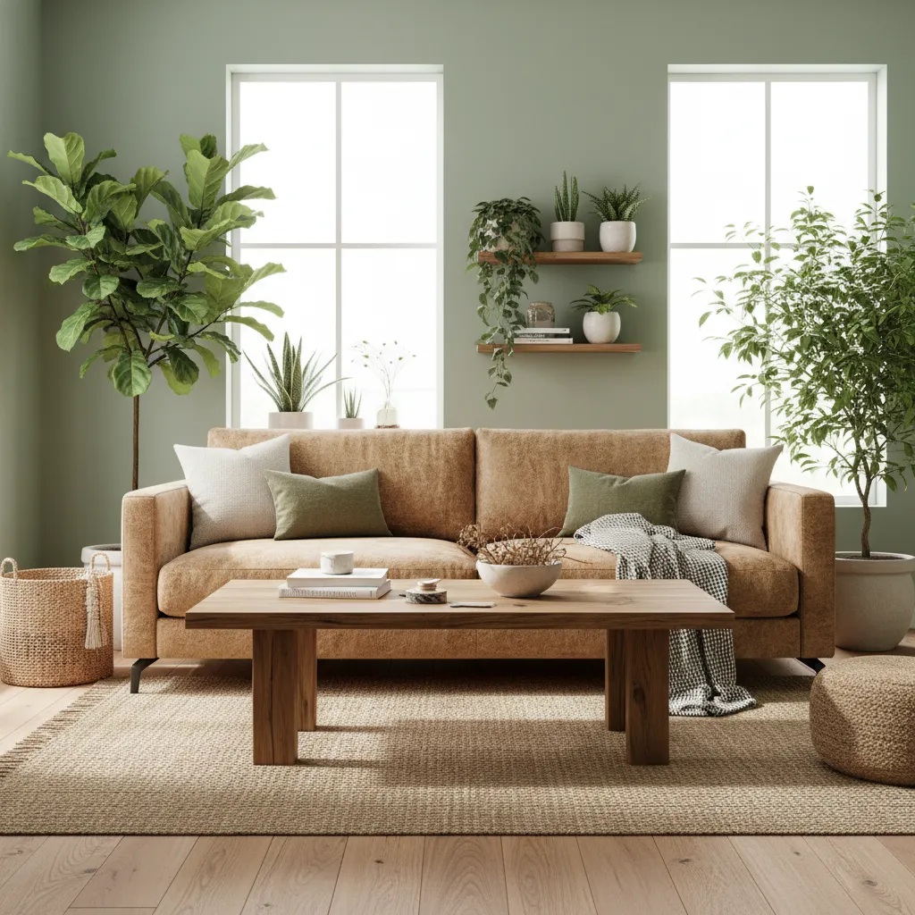 green and tan living room with plants and natural materials