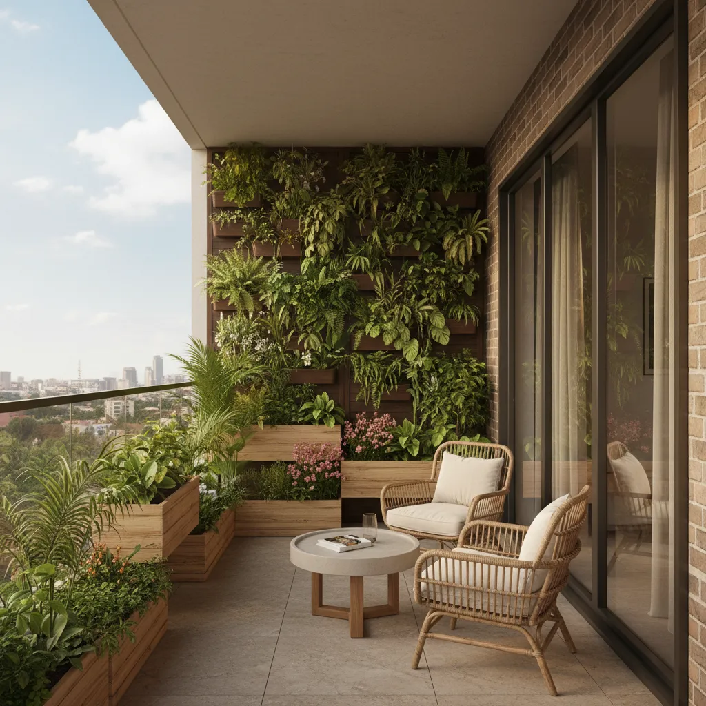 Balcony garden with vertical plants and seating in a Nigerian residential building