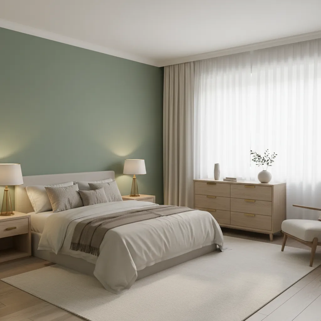 green bedroom palette with sage walls cream bedding and wood accents