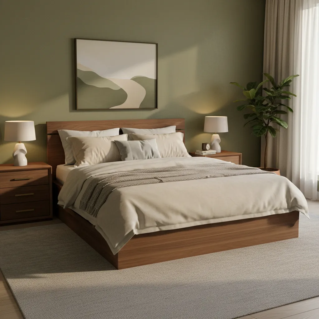 Bedroom with olive green walls paired with walnut wood furniture