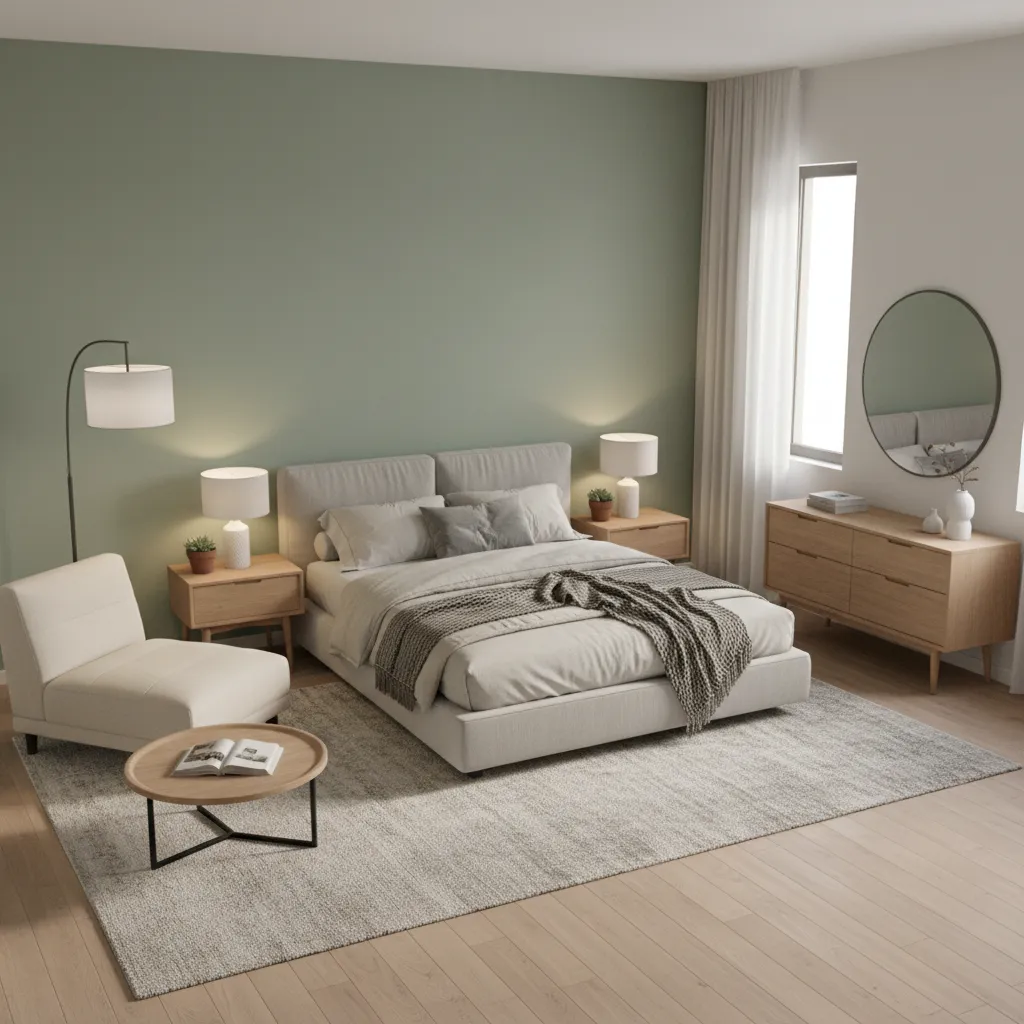 Modern green bedroom layout with balanced furniture arrangement