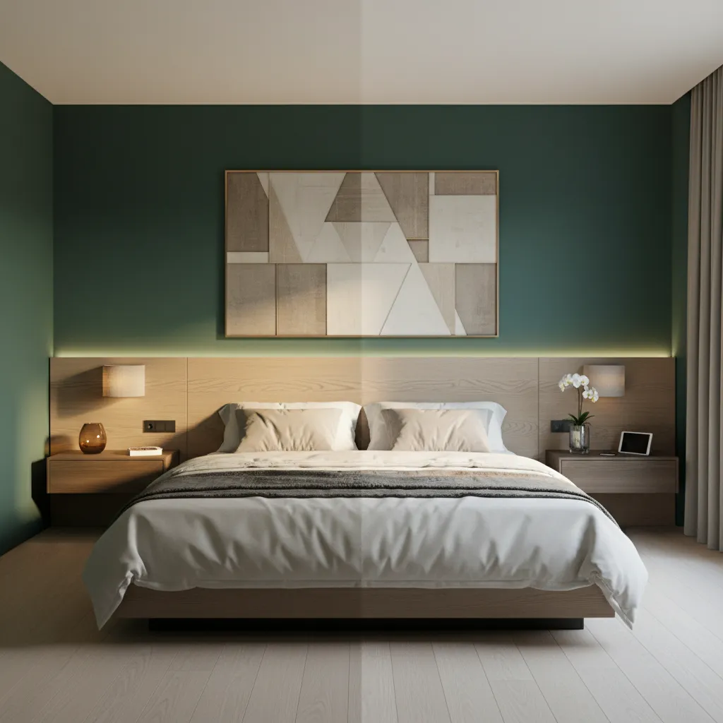 Comparison of green bedroom walls under warm and cool lighting conditions