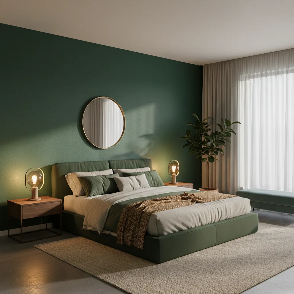 green bedroom showing effect of warm lighting on wall color
