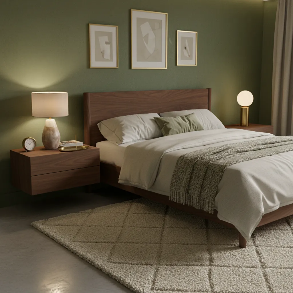 Green bedroom design featuring natural materials like wood linen and wool textures