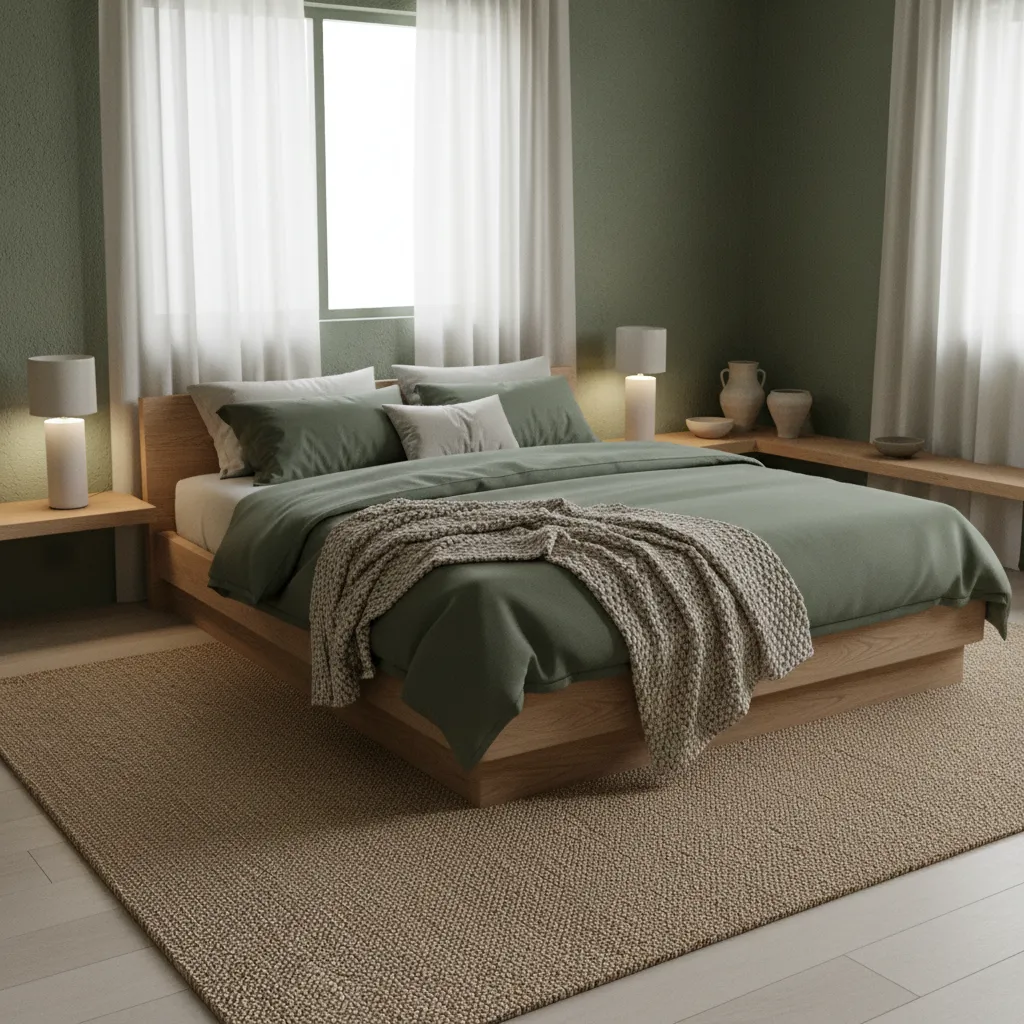 green bedroom layered with linen bedding wood furniture and textured rug