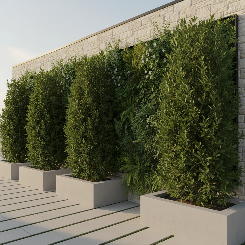 Villa boundary wall combined with hedge and vertical greenery for privacy