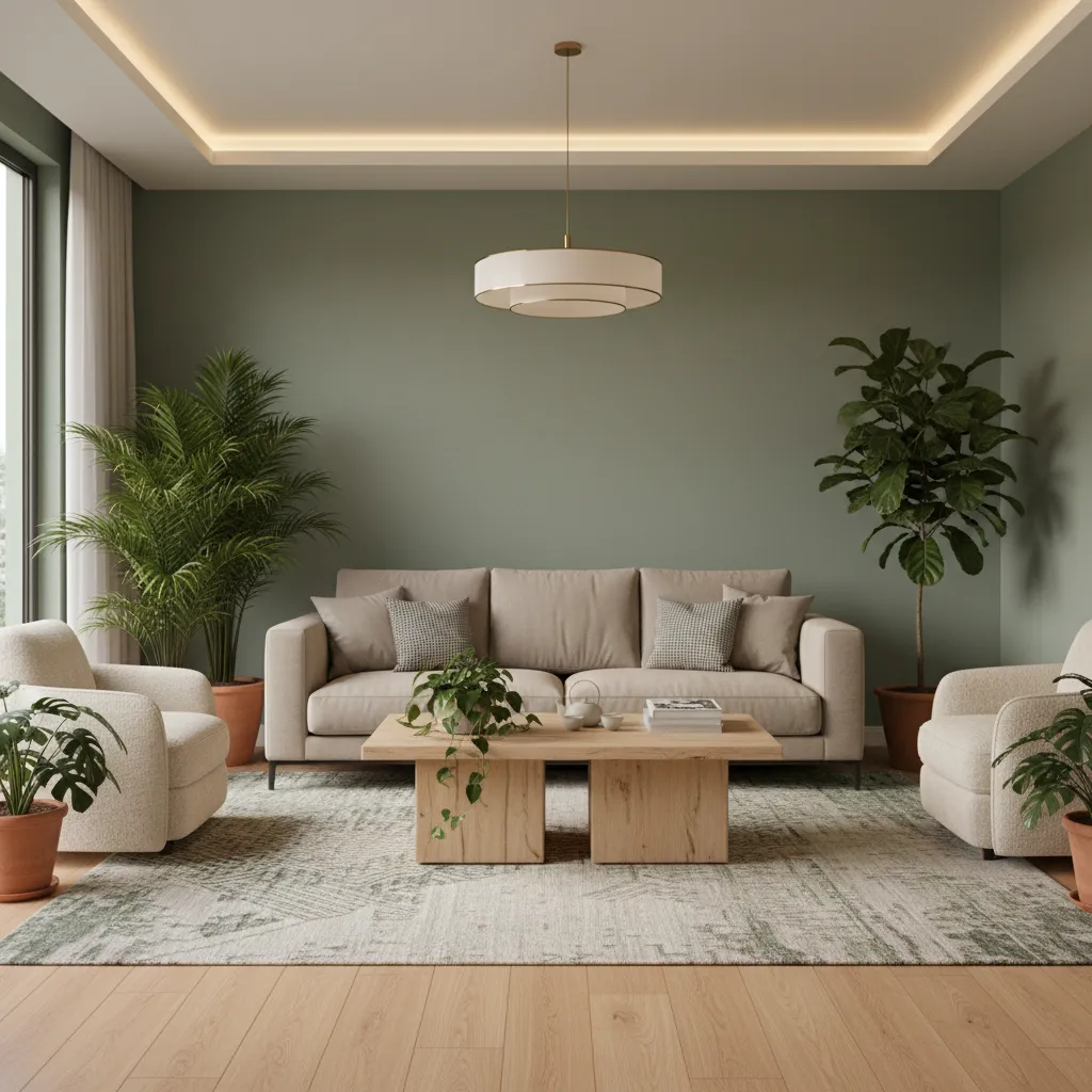 green dominant living room with beige furniture and natural materials