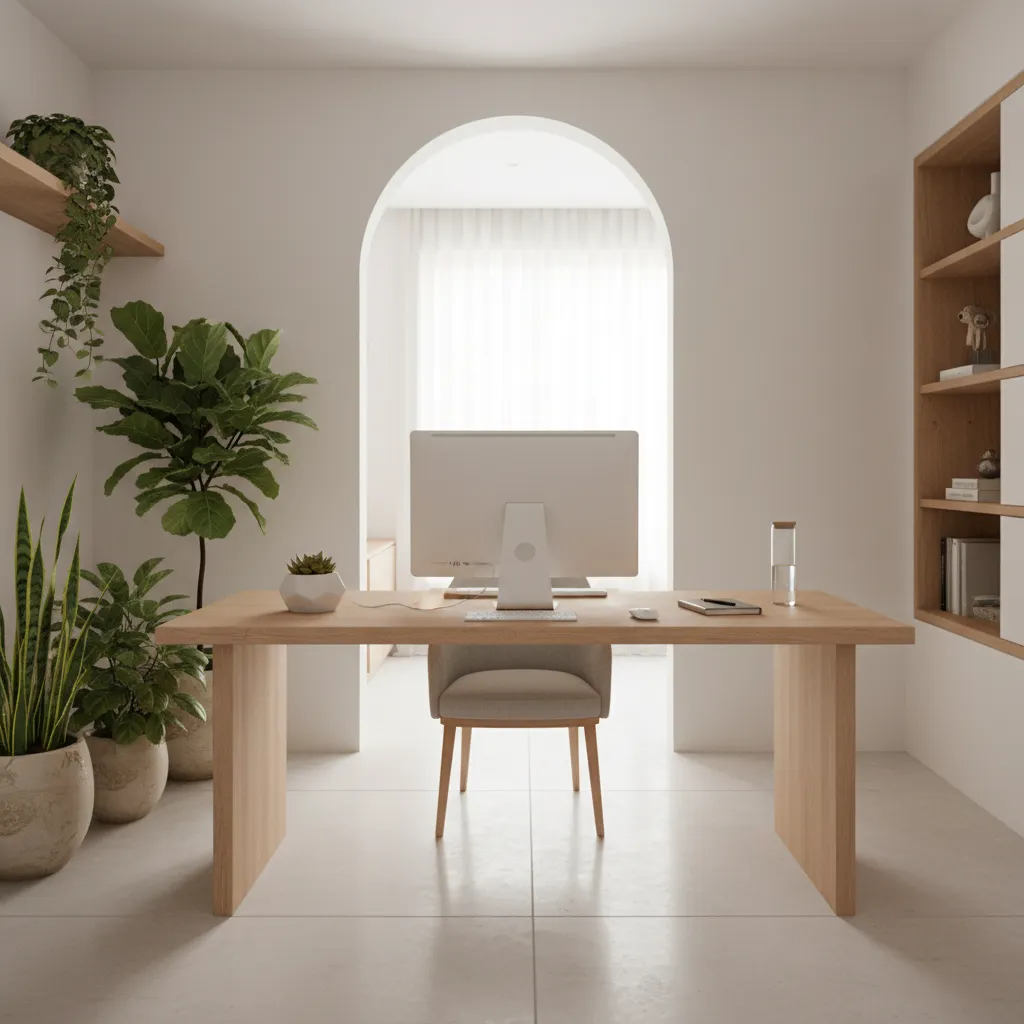 home office desk facing entrance with plants and balanced layout inspired by green dragon feng shui