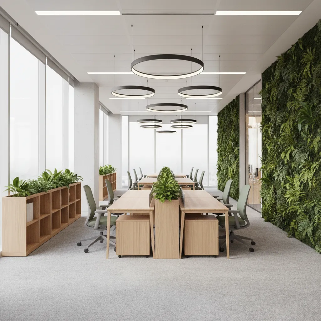 modern office workspace with greenery and directional layout inspired by green dragon office design