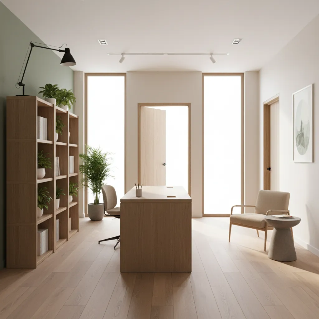 feng shui office layout showing stronger left side dragon area with plant and shelving