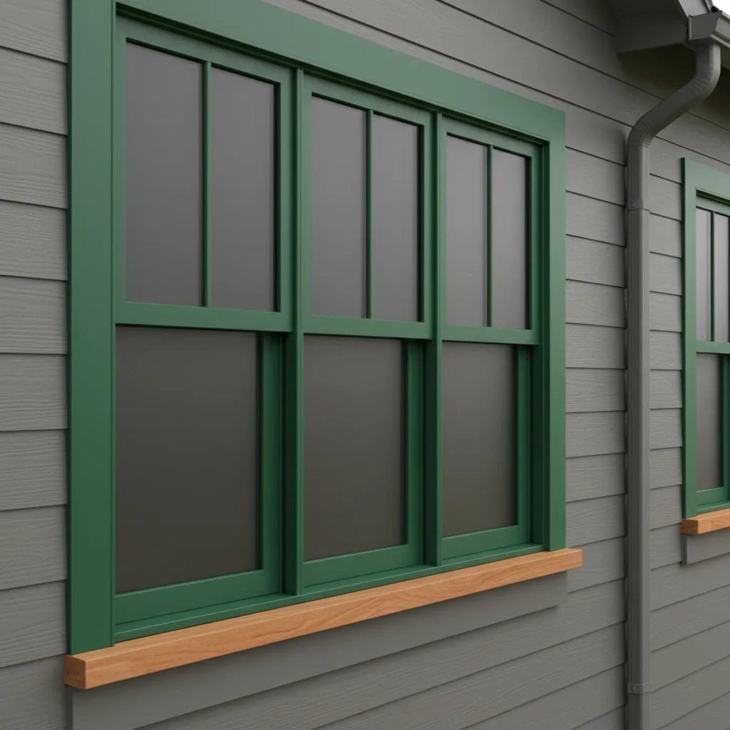 Close view of green painted exterior window trim on gray siding