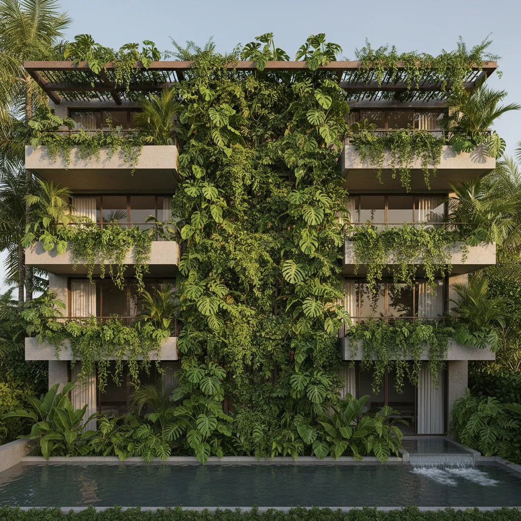Modern large building exterior wall covered in green climbing plants with a small outdoor pool