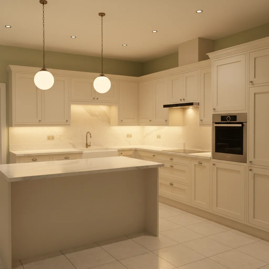 Kitchen with light green walls white cabinets and warm under cabinet lighting