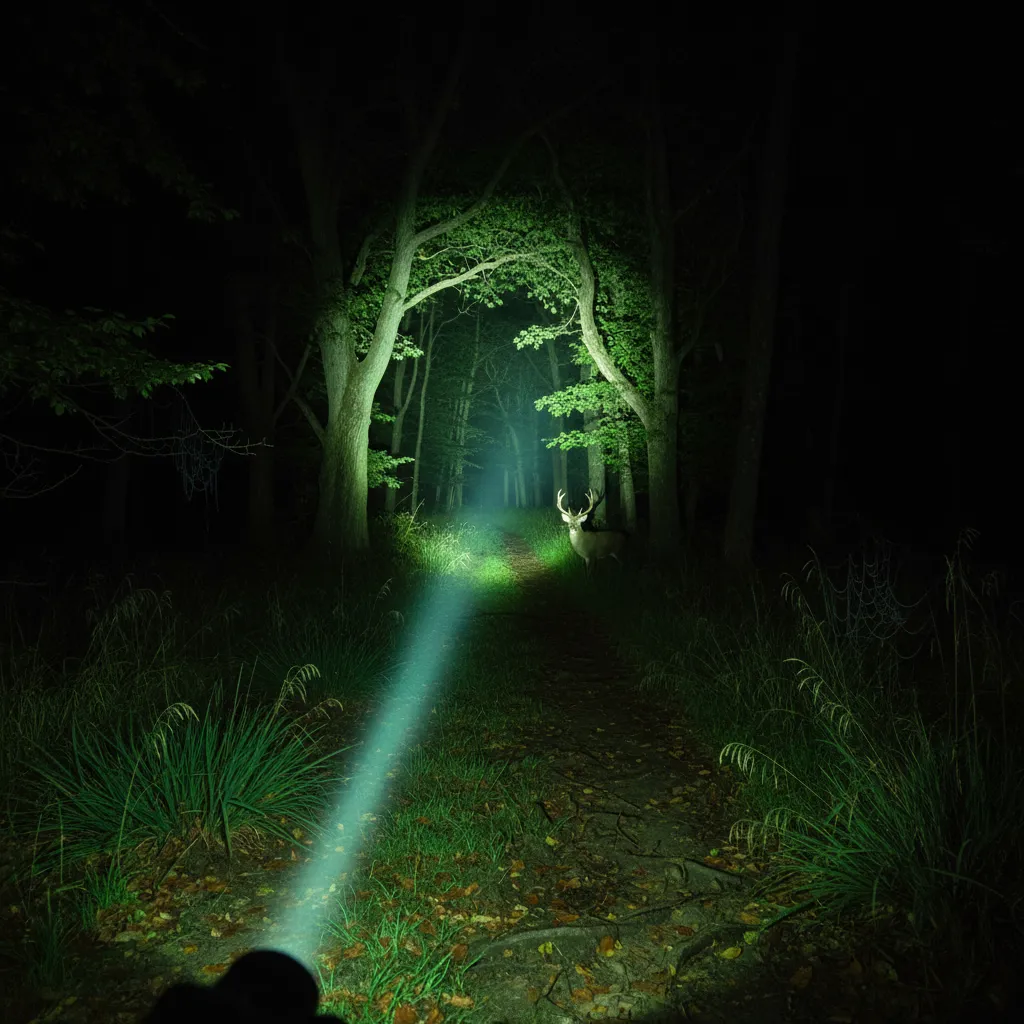 Green LED hunting light beam illuminating a forest path at night